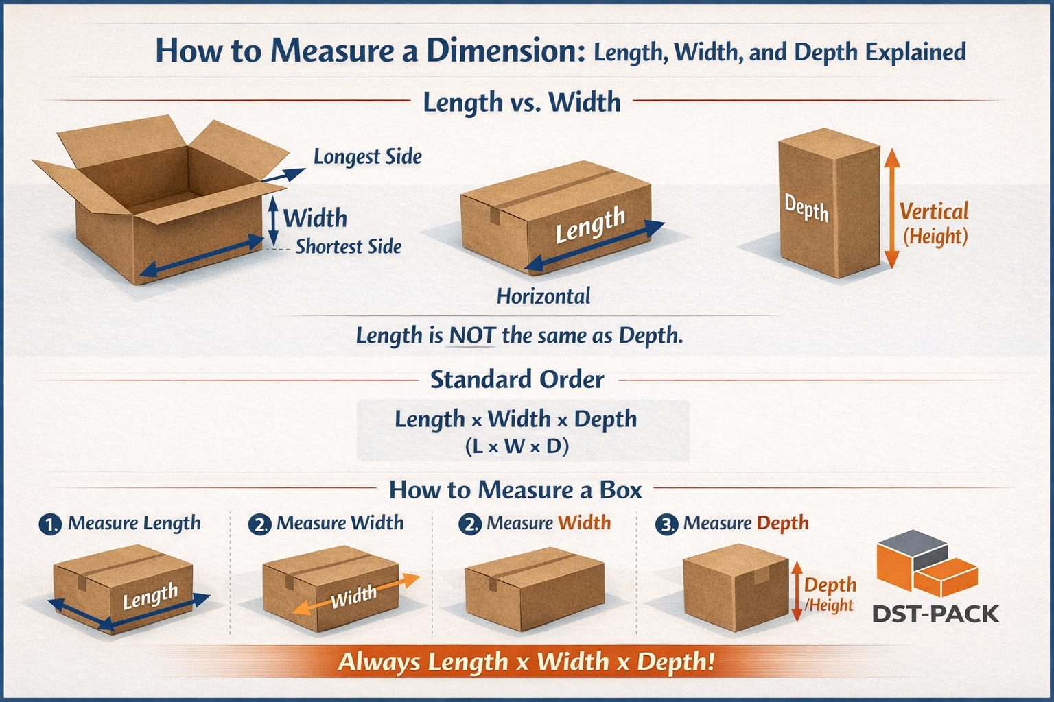 how to measure length x width x depth