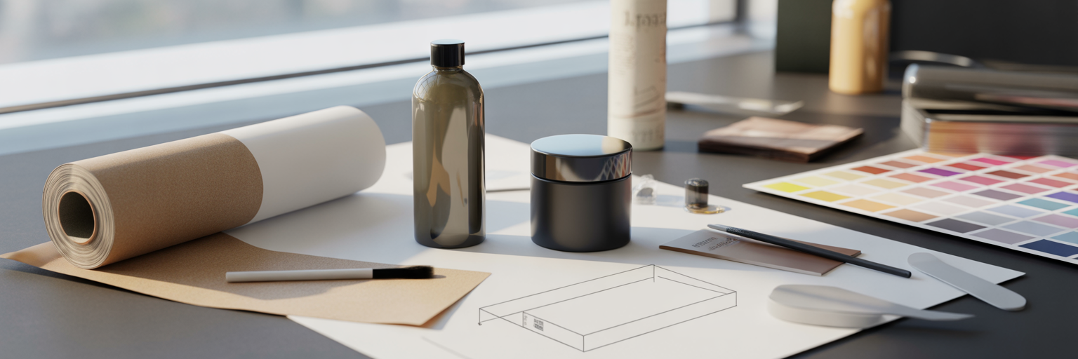 Cosmetic packaging components on a designer's desk.