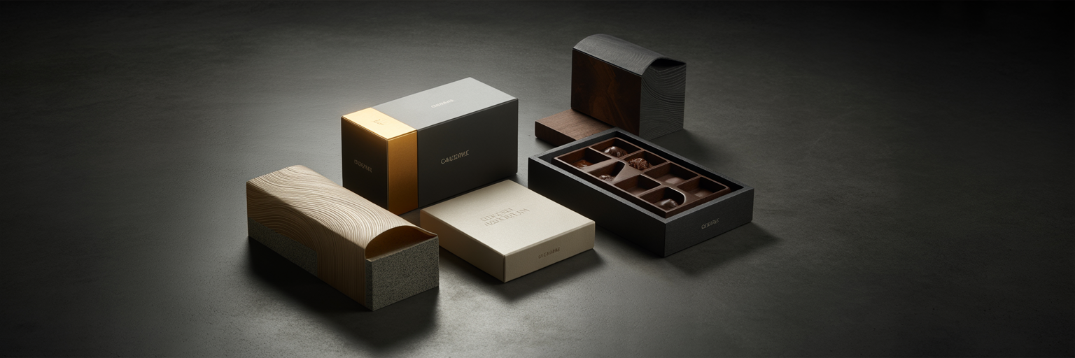 Artistic arrangement of luxury custom packaging.