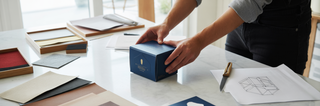 Designer finalizing luxury chocolate packaging design.