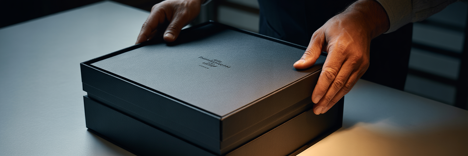 Craftsman assembling a luxury rigid box.